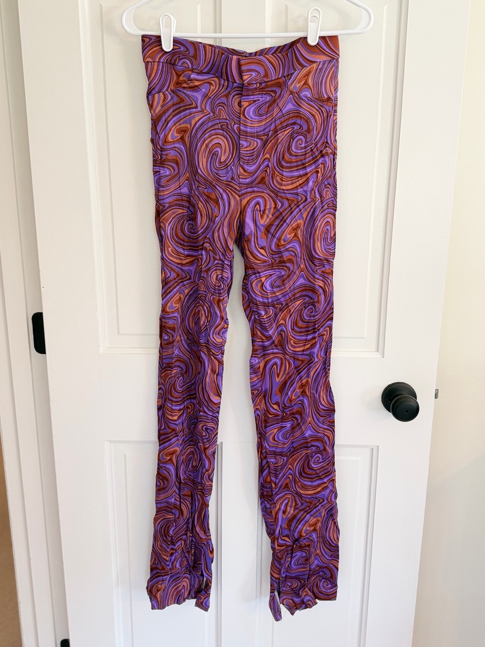 Zara NWT Retro Swirl Print High Rise Flare Pants Purple Brown Size S